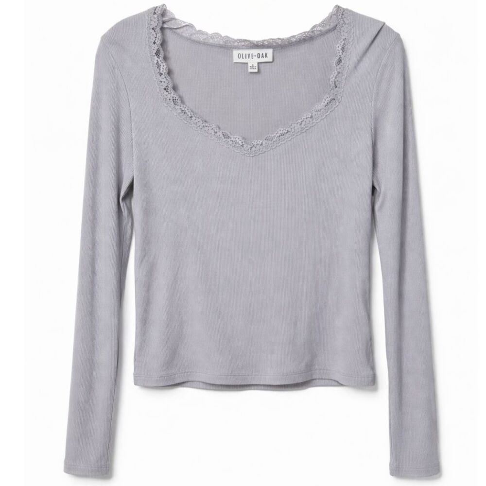 Olive + Oak Ribbed Lace Trim Top Womens Large Gray Long Sleeve Soft Y2K Coquette
